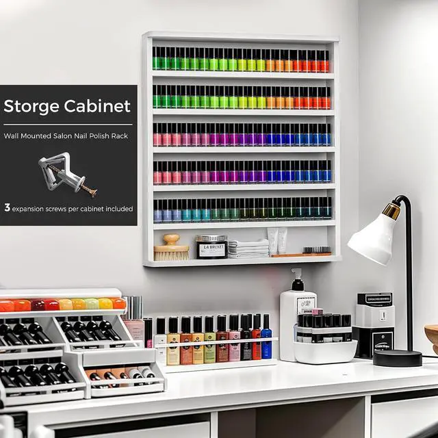 Alt view image 6 of 6 - Wood Nail Polish Rack 2 Packs, Wall Mount Nail Polish Organizer, 6 Layers Nail Salon Storage Display Shelves Perfume Essential Oil Bottles Holder w/Acrylic Baffle, White