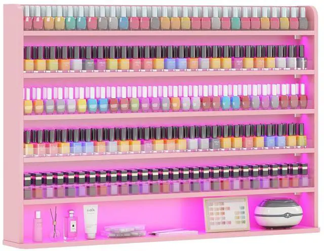 Main image of Wood Nail Polish Rack Display, 6 Tiers Nail Polish Wall Organizer, Pink | Wall Mounted Nail Polish Storage & Display Shelf, 6 Layers Wall Mount Nail Polish Holder Wall, LED Light, Acrylic Baffle