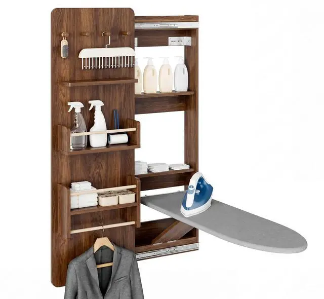 Main image of Wall Mounted Ironing Board Cabinet with Storage, Foldable Wall Ironing Board with Sliding Door, Wall Mount Space Saving Ironing Station for Laundry Room, Living Room, Entrance (Walnut)