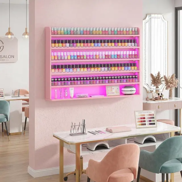 Alt view image 2 of 7 - Wood Nail Polish Rack Display, 6 Tiers Nail Polish Wall Organizer, Pink | Wall Mounted Nail Polish Storage & Display Shelf, 6 Layers Wall Mount Nail Polish Holder Wall, LED Light, Acrylic Baffle