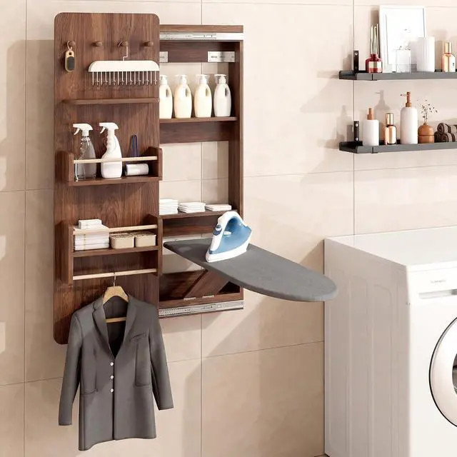 Alt view image 4 of 7 - Wall Mounted Ironing Board Cabinet with Storage, Foldable Wall Ironing Board with Sliding Door, Wall Mount Space Saving Ironing Station for Laundry Room, Living Room, Entrance (Walnut)