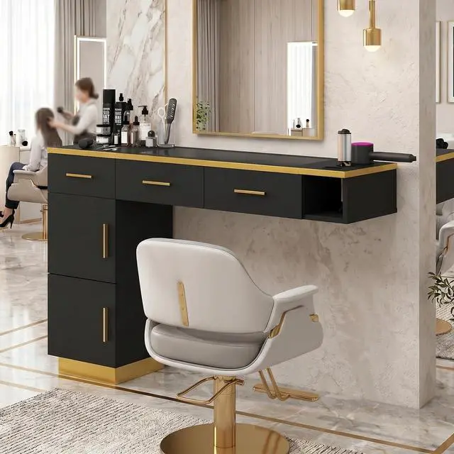 Main image of Wall Mount Salon Station with Glass Top, L-Shaped Barber Styling Station for Hair Stylist, Professional Salon Storage Furniture with 3 Drawers, 2 Cabinets & 3 Tool Holders, Black