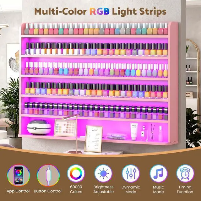 Alt view image 4 of 7 - Wood Nail Polish Rack Display, 6 Tiers Nail Polish Wall Organizer, Pink | Wall Mounted Nail Polish Storage & Display Shelf, 6 Layers Wall Mount Nail Polish Holder Wall, LED Light, Acrylic Baffle