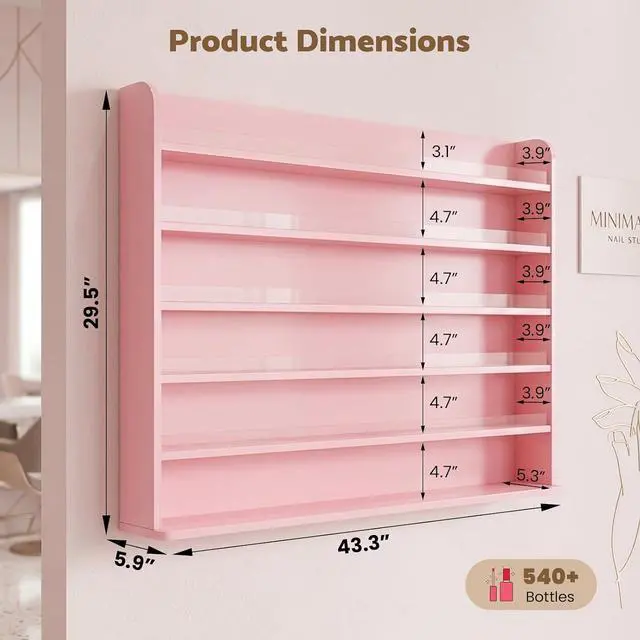 Alt view image 3 of 7 - Wood Nail Polish Rack Display, 6 Tiers Nail Polish Wall Organizer, Pink | Wall Mounted Nail Polish Storage & Display Shelf, 6 Layers Wall Mount Nail Polish Holder Wall, LED Light, Acrylic Baffle