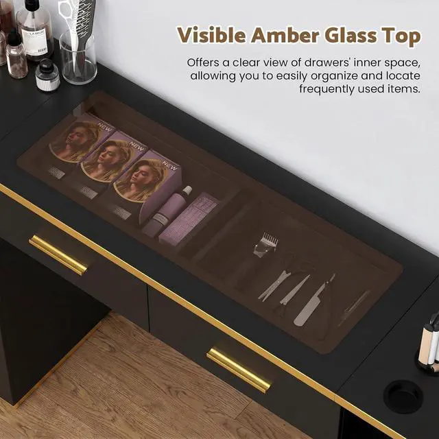 Alt view image 3 of 7 - Wall Mount Salon Station with Glass Top, L-Shaped Barber Styling Station for Hair Stylist, Professional Salon Storage Furniture with 3 Drawers, 2 Cabinets & 3 Tool Holders, Black