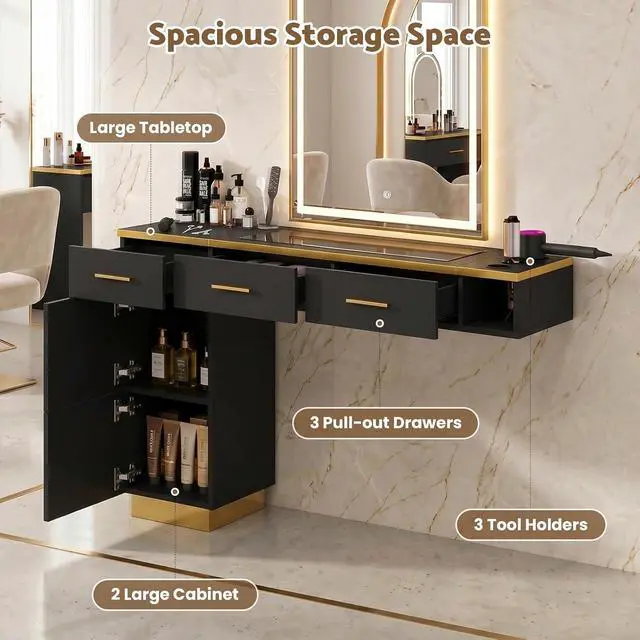 Alt view image 5 of 7 - Wall Mount Salon Station with Glass Top, L-Shaped Barber Styling Station for Hair Stylist, Professional Salon Storage Furniture with 3 Drawers, 2 Cabinets & 3 Tool Holders, Black