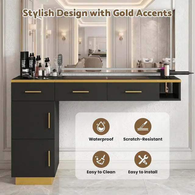 Alt view image 6 of 7 - Wall Mount Salon Station with Glass Top, L-Shaped Barber Styling Station for Hair Stylist, Professional Salon Storage Furniture with 3 Drawers, 2 Cabinets & 3 Tool Holders, Black