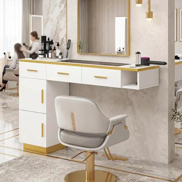 Main image of Wall Mount Salon Station with Glass Top, L-Shaped Barber Styling Station for Hair Stylist, Professional Salon Storage Furniture with 3 Drawers, 2 Cabinets & 3 Tool Holders, White