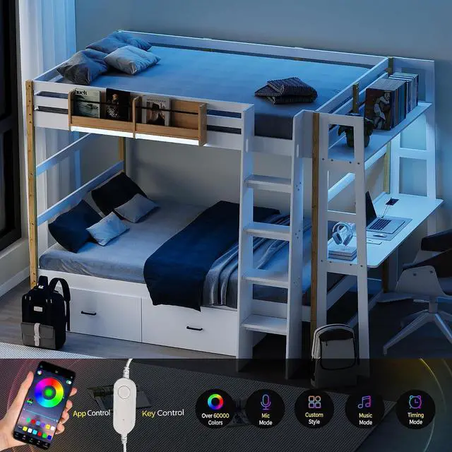 Alt view image 3 of 7 - Wooden Full Over Full Bunk Bed with Desk, Convertible Solid Wood Frame with LED Lights, Built-in Outlets, Ladders and Rolling Drawers, Sturdy Wood Bunk Bed High Weight Capacity, Space-Saving