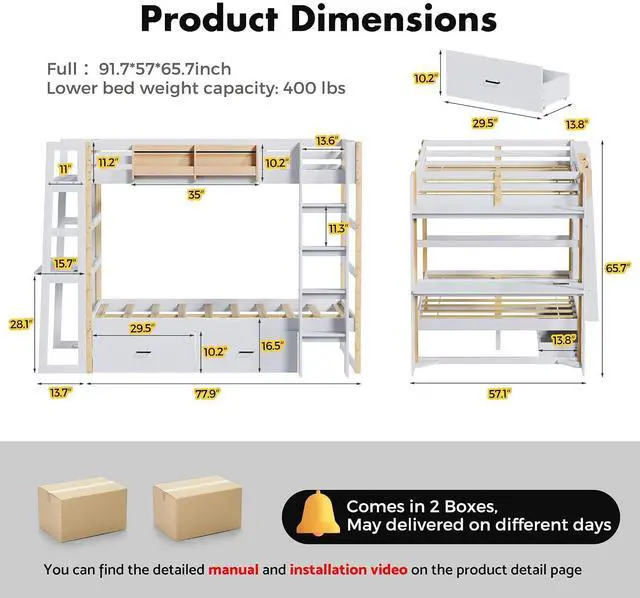 Alt view image 2 of 7 - Wooden Full Over Full Bunk Bed with Desk, Convertible Solid Wood Frame with LED Lights, Built-in Outlets, Ladders and Rolling Drawers, Sturdy Wood Bunk Bed High Weight Capacity, Space-Saving