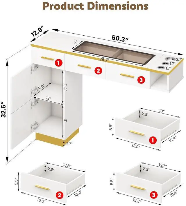 Alt view image 2 of 7 - Wall Mount Salon Station with Glass Top, L-Shaped Barber Styling Station for Hair Stylist, Professional Salon Storage Furniture with 3 Drawers, 2 Cabinets & 3 Tool Holders, White