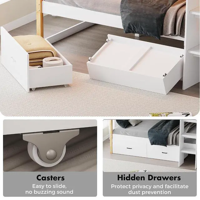 Alt view image 6 of 7 - Wooden Full Over Full Bunk Bed with Desk, Convertible Solid Wood Frame with LED Lights, Built-in Outlets, Ladders and Rolling Drawers, Sturdy Wood Bunk Bed High Weight Capacity, Space-Saving