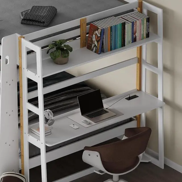 Alt view image 5 of 7 - Wooden Full Over Full Bunk Bed with Desk, Convertible Solid Wood Frame with LED Lights, Built-in Outlets, Ladders and Rolling Drawers, Sturdy Wood Bunk Bed High Weight Capacity, Space-Saving