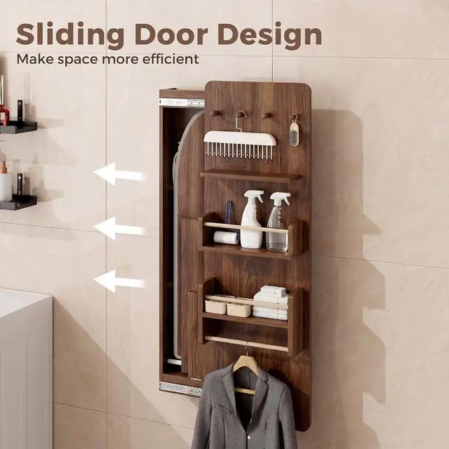 Alt view image 5 of 7 - Wall Mounted Ironing Board Cabinet with Storage, Foldable Wall Ironing Board with Sliding Door, Wall Mount Space Saving Ironing Station for Laundry Room, Living Room, Entrance (Walnut)