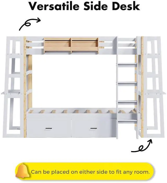 Alt view image 7 of 7 - Wooden Full Over Full Bunk Bed with Desk, Convertible Solid Wood Frame with LED Lights, Built-in Outlets, Ladders and Rolling Drawers, Sturdy Wood Bunk Bed High Weight Capacity, Space-Saving