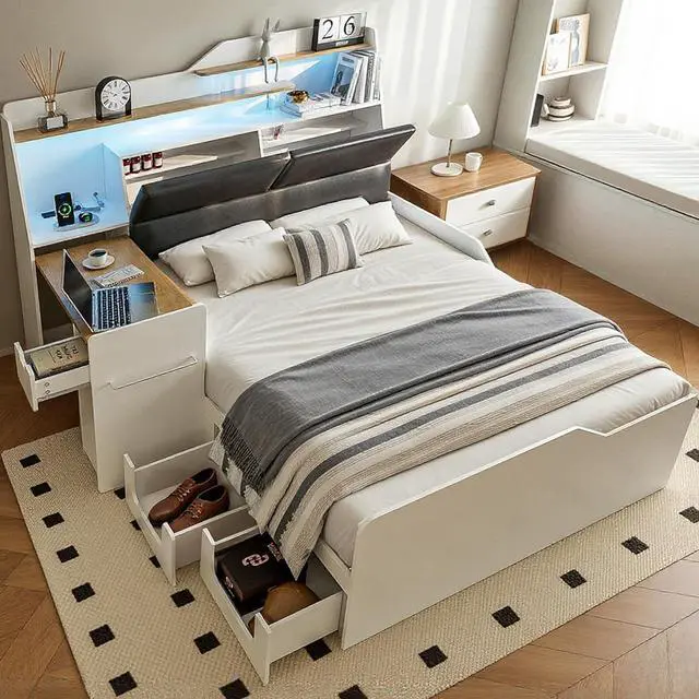 Main image of Full Size Platform Bed with Foldable Desk & Storage Headboard | Bookshelf