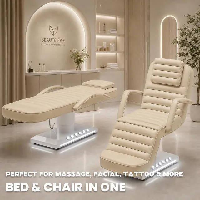 Alt view image 7 of 7 - Electric Massage Table with LED Light, Adjustable Facial Bed with Foot Control for Spa, Tattoo, Waxing, and Eyelash Extension, Removable Headrest and Armrest, 90° Back & Leg Adjustment (Beige)