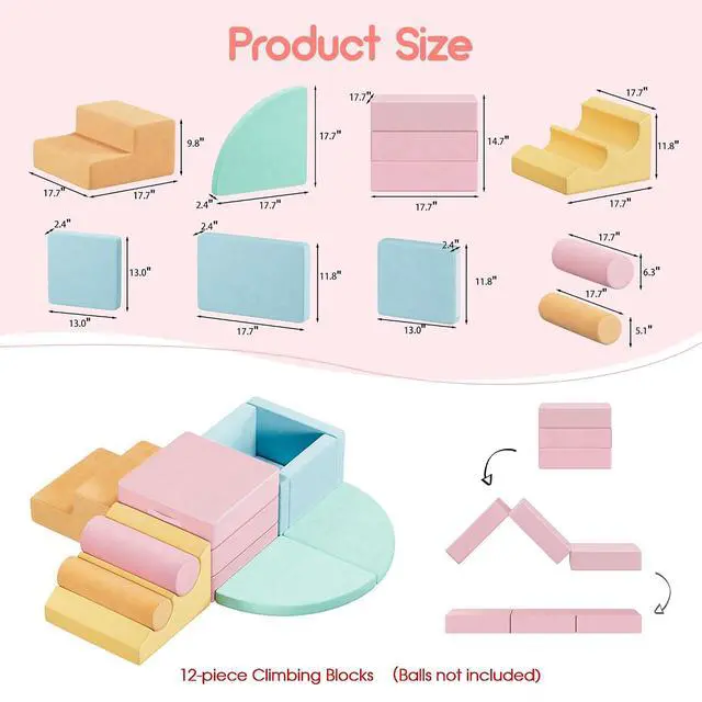Alt view image 3 of 7 - 12 PCS Foam Climbing Blocks for Toddlers with Ball Pit, Safe Soft Play Gym SetBaby Kids' Indoor Playground Foam Blocks for Crawling, Climbing Motor Skills DevelopmentColorful