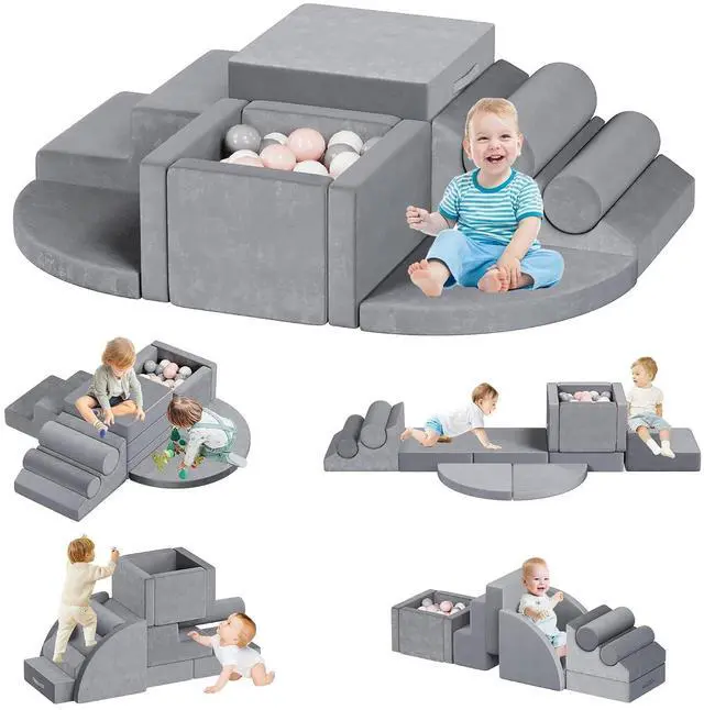 Main image of 12 PCS Foam Climbing Blocks for Toddlers with Ball Pit, Safe Soft Play Gym SetBaby Kids' Indoor Playground Foam Blocks for Crawling, Climbing Motor Skills DevelopmentGray