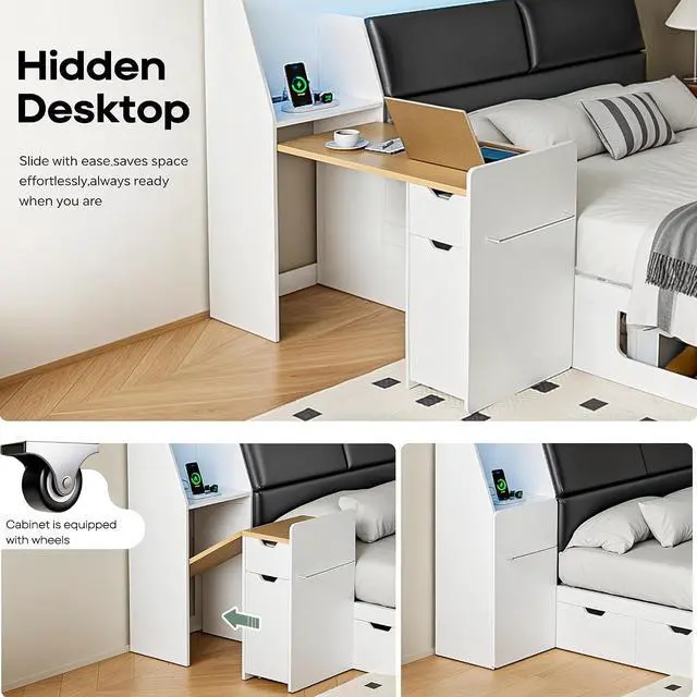 Alt view image 3 of 7 - Full Size Platform Bed with Foldable Desk & Storage Headboard | Bookshelf