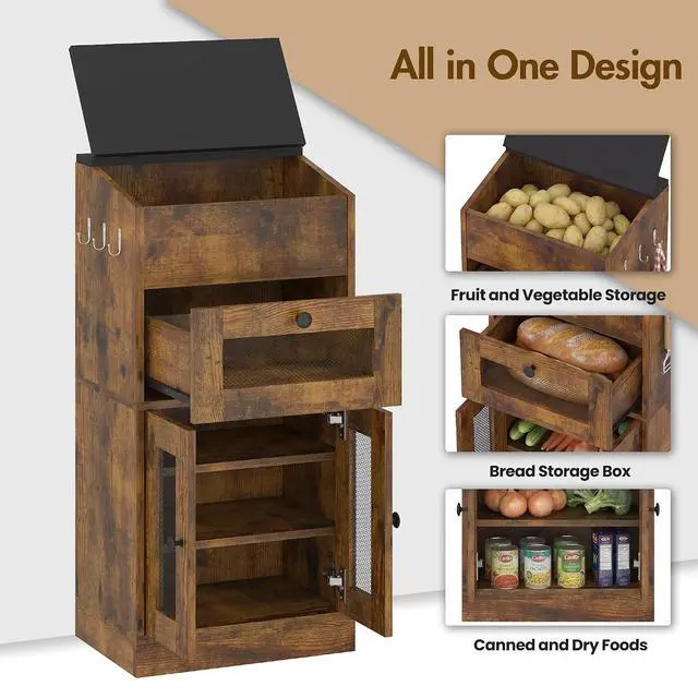 Alt view image 6 of 7 - Potato and Onion Storage Bin with Lid, Large Potato Bin with Drawer, Multi-Compartment Wooden Fruit & Vegetable Cabinet with Mesh Doors, Rustic Kitchen Organizer for Pantry (16.9")