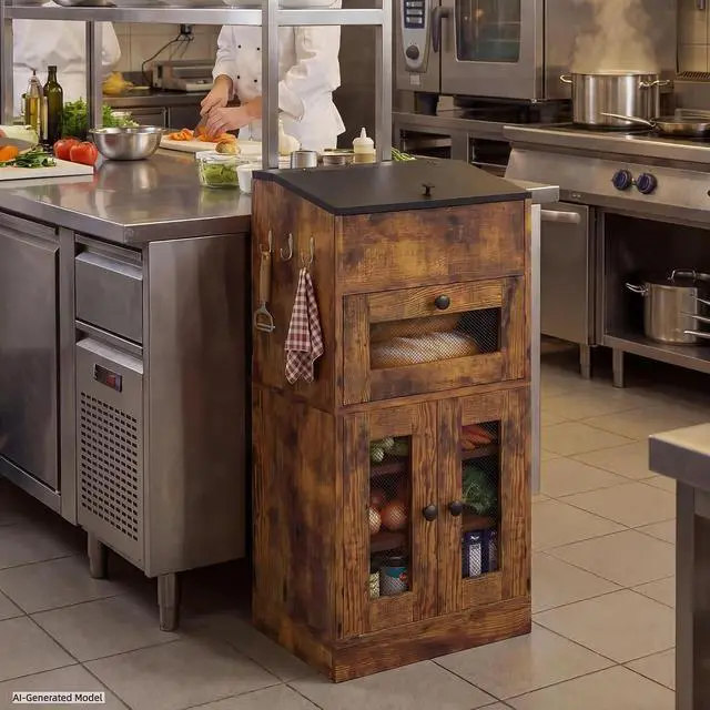 Alt view image 7 of 7 - Potato and Onion Storage Bin with Lid, Large Potato Bin with Drawer, Multi-Compartment Wooden Fruit & Vegetable Cabinet with Mesh Doors, Rustic Kitchen Organizer for Pantry (16.9")