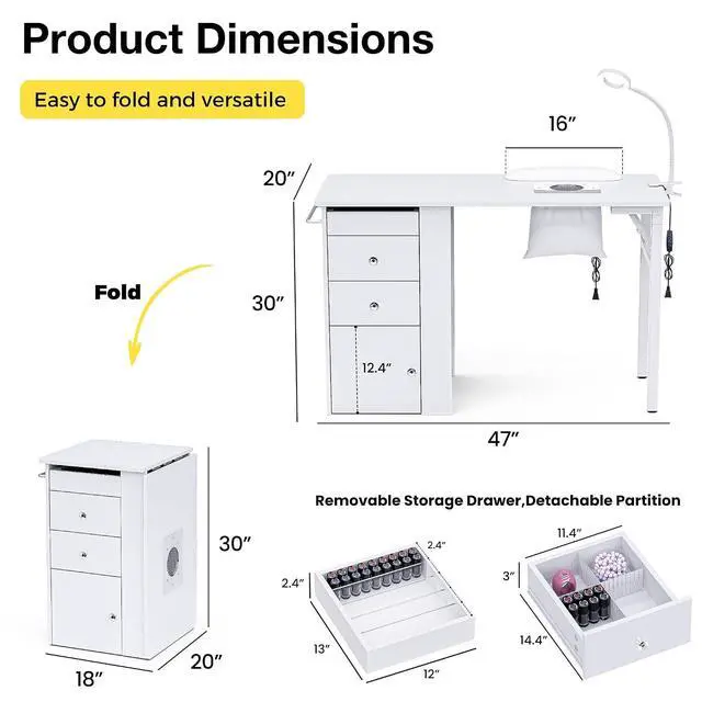Alt view image 2 of 7 - Foldable Nail Table with Dust Collector, Manicure Desk for Nail Tech, with LED Lamp, Wrist Rest, Rolling Nail Table for Salon, Home Beauty Workstation, Compact Nail Station with Storage (White)