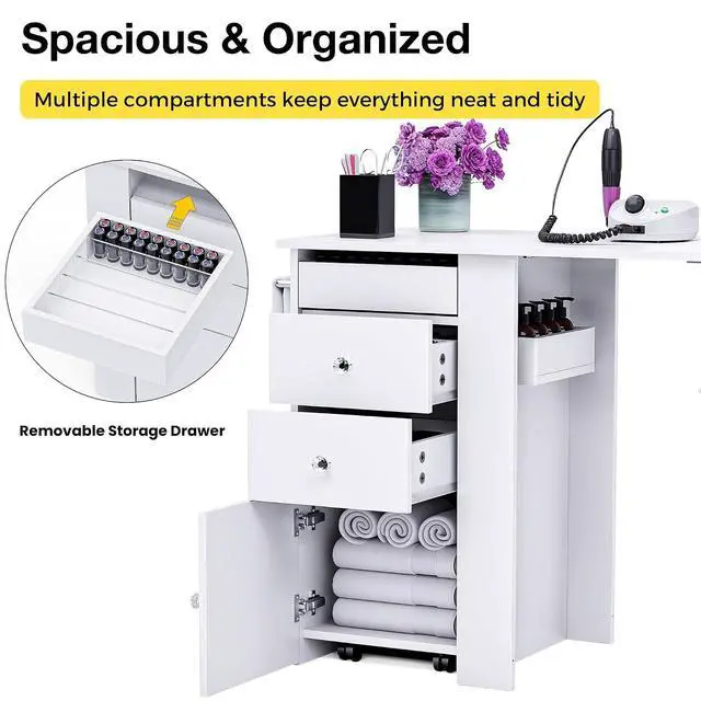 Alt view image 6 of 7 - Foldable Nail Table with Dust Collector, Manicure Desk for Nail Tech, with LED Lamp, Wrist Rest, Rolling Nail Table for Salon, Home Beauty Workstation, Compact Nail Station with Storage (White)