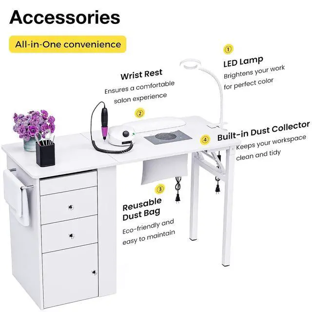 Alt view image 7 of 7 - Foldable Nail Table with Dust Collector, Manicure Desk for Nail Tech, with LED Lamp, Wrist Rest, Rolling Nail Table for Salon, Home Beauty Workstation, Compact Nail Station with Storage (White)