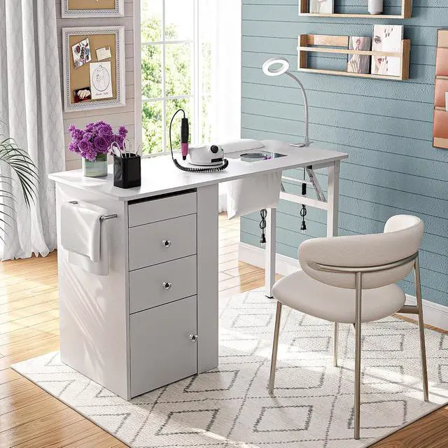 Alt view image 3 of 7 - Foldable Nail Table with Dust Collector, Manicure Desk for Nail Tech, with LED Lamp, Wrist Rest, Rolling Nail Table for Salon, Home Beauty Workstation, Compact Nail Station with Storage (White)