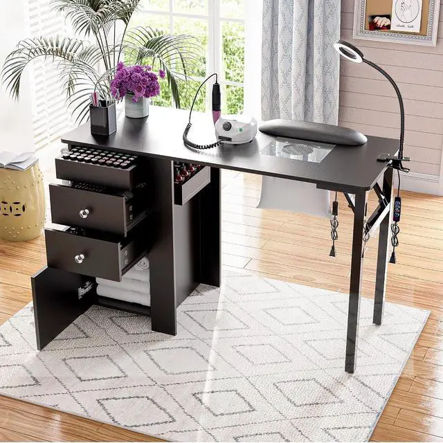 Main image of Foldable Nail Table with Dust Collector, Manicure Desk for Nail Tech,with LED Lamp, Wrist Rest, Rolling Nail Table for Salon, Home Beauty Workstation, Compact Nail Station with Storage (Black)