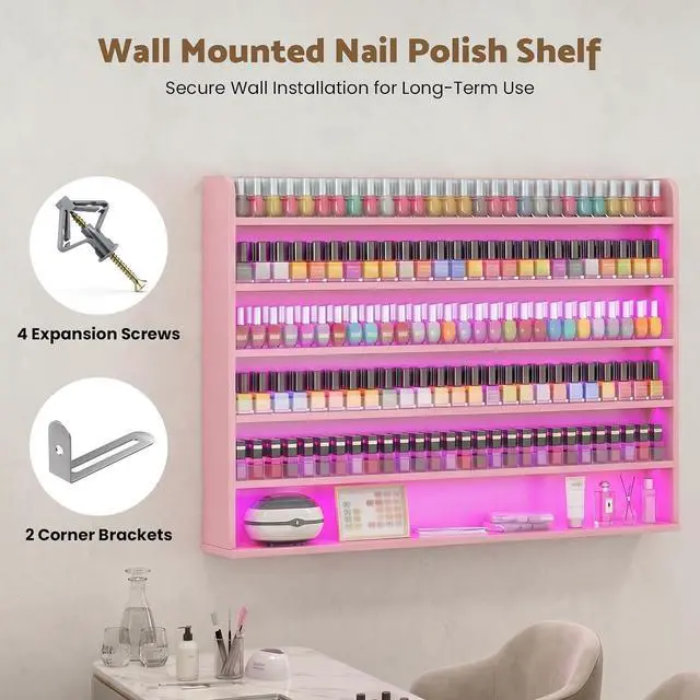 Alt view image 7 of 7 - Wood Nail Polish Rack Display, 6 Tiers Nail Polish Wall Organizer, Pink | Wall Mounted Nail Polish Storage & Display Shelf, 6 Layers Wall Mount Nail Polish Holder Wall, LED Light, Acrylic Baffle