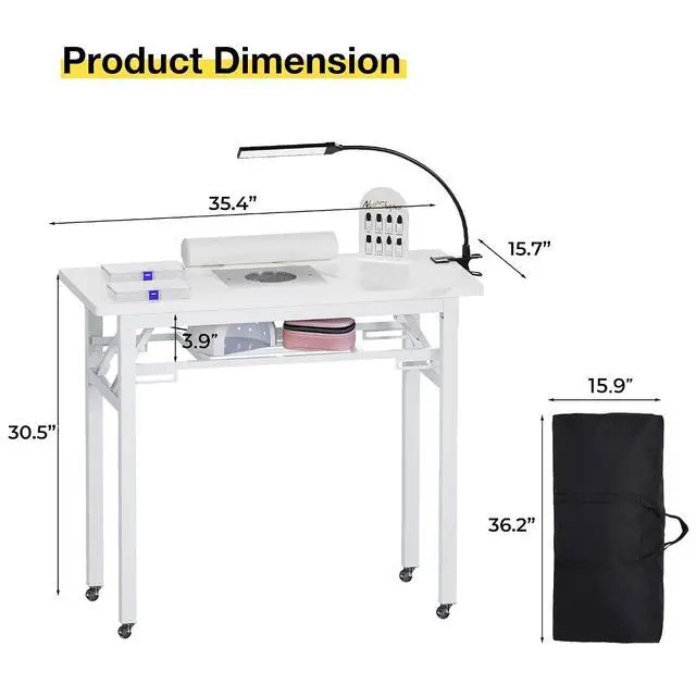 Alt view image 3 of 7 - Portable & Foldable Manicure Table w/Dust Collector, Rolling Nail Tech Desk w/LED Light Lamp, Wrist Cushion, Lockable Wheels, Carrying Case, for Home Travel Beauty Salon Workstation (Marble White)