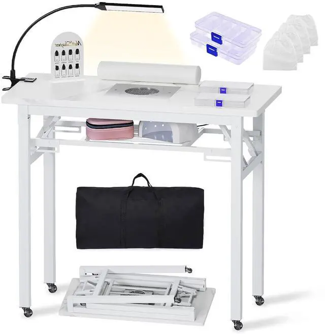 Main image of Portable & Foldable Manicure Table w/Dust Collector, Rolling Nail Tech Desk w/LED Light Lamp, Wrist Cushion, Lockable Wheels, Carrying Case, for Home Travel Beauty Salon Workstation (Marble White)