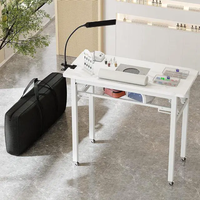 Alt view image 2 of 7 - Portable & Foldable Manicure Table w/Dust Collector, Rolling Nail Tech Desk w/LED Light Lamp, Wrist Cushion, Lockable Wheels, Carrying Case, for Home Travel Beauty Salon Workstation (Marble White)