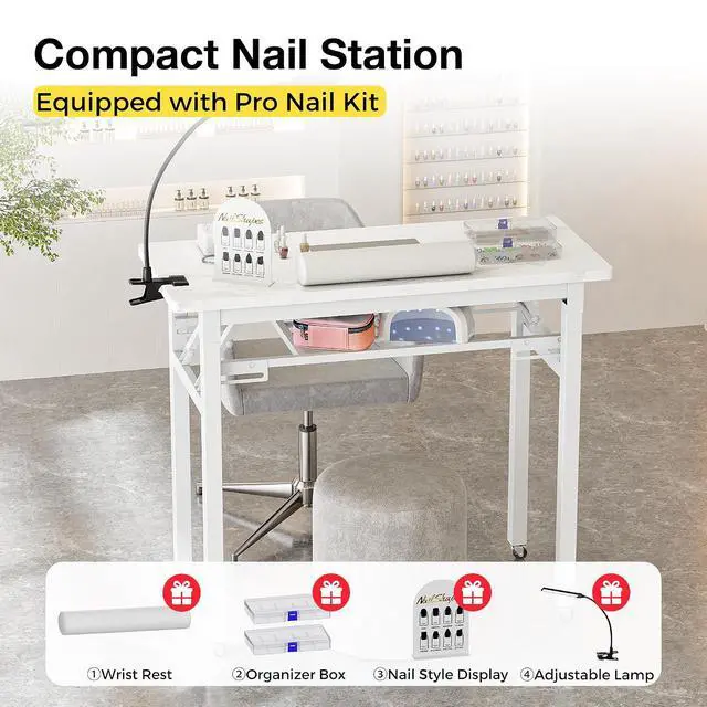 Alt view image 4 of 7 - Portable & Foldable Manicure Table w/Dust Collector, Rolling Nail Tech Desk w/LED Light Lamp, Wrist Cushion, Lockable Wheels, Carrying Case, for Home Travel Beauty Salon Workstation (Marble White)