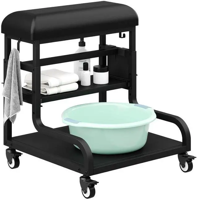 Main image of Adjustable Pedicure Foot Rest with 3-Level Height, PU Cushion, Storage & Locking Wheels, Mobile Pedicure Cart Foot Bath Trolley for Foot Bath, Salon & Spa (Black)