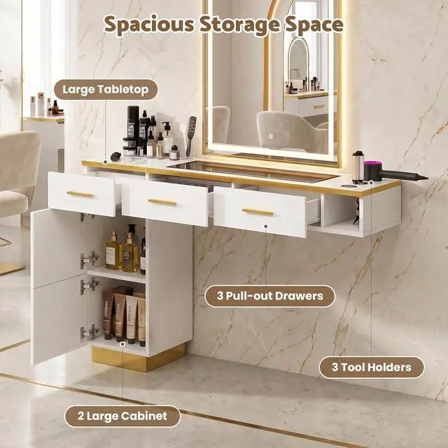 Alt view image 5 of 7 - Wall Mount Salon Station with Glass Top, L-Shaped Barber Styling Station for Hair Stylist, Professional Salon Storage Furniture with 3 Drawers, 2 Cabinets & 3 Tool Holders, White