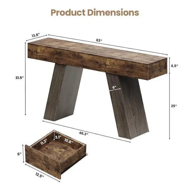 Alt view image 2 of 7 - 63-Inch Long Console Table w/Storage Drawers, Wood Grain Sofa Table Behind Couch, for Entryway, Entrance, Hallway, Foyer, Living Room (Rustic Brown + Charcoal)