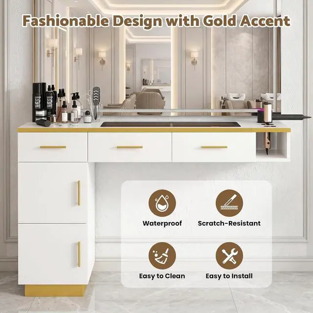 Alt view image 6 of 7 - Wall Mount Salon Station with Glass Top, L-Shaped Barber Styling Station for Hair Stylist, Professional Salon Storage Furniture with 3 Drawers, 2 Cabinets & 3 Tool Holders, White