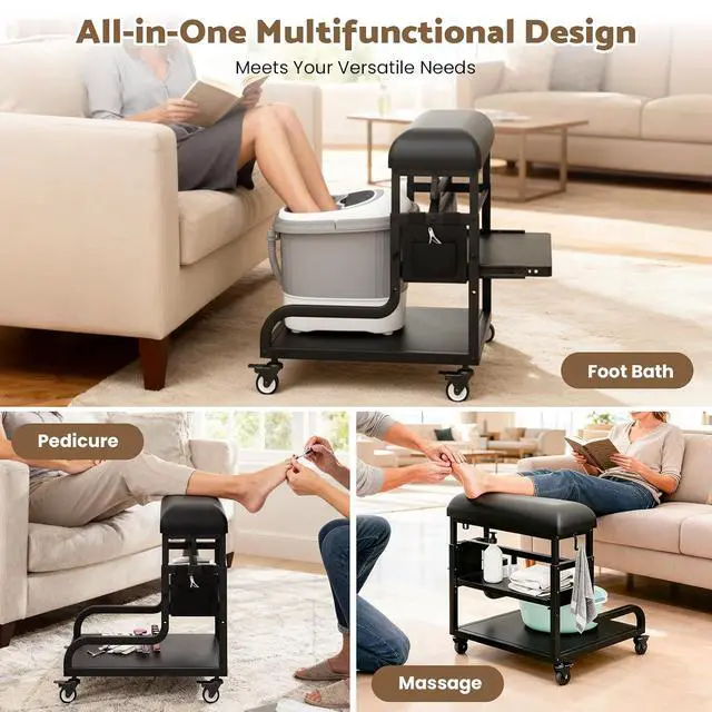 Alt view image 3 of 7 - Adjustable Pedicure Foot Rest with 3-Level Height, PU Cushion, Storage & Locking Wheels, Mobile Pedicure Cart Foot Bath Trolley for Foot Bath, Salon & Spa (Black)