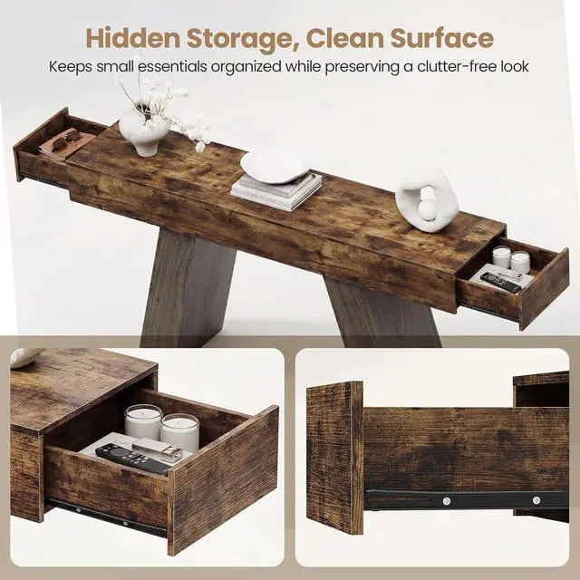 Alt view image 4 of 7 - 63-Inch Long Console Table w/Storage Drawers, Wood Grain Sofa Table Behind Couch, for Entryway, Entrance, Hallway, Foyer, Living Room (Rustic Brown + Charcoal)
