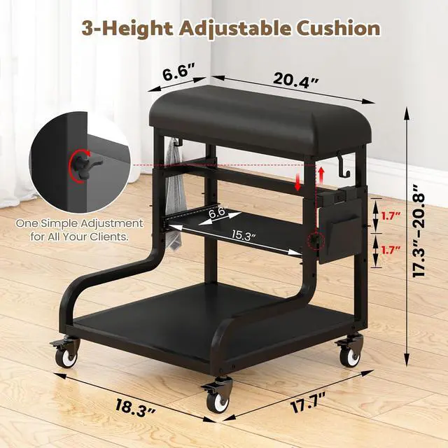 Alt view image 2 of 7 - Adjustable Pedicure Foot Rest with 3-Level Height, PU Cushion, Storage & Locking Wheels, Mobile Pedicure Cart Foot Bath Trolley for Foot Bath, Salon & Spa (Black)