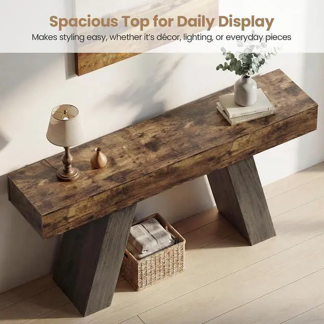 Alt view image 5 of 7 - 63-Inch Long Console Table w/Storage Drawers, Wood Grain Sofa Table Behind Couch, for Entryway, Entrance, Hallway, Foyer, Living Room (Rustic Brown + Charcoal)