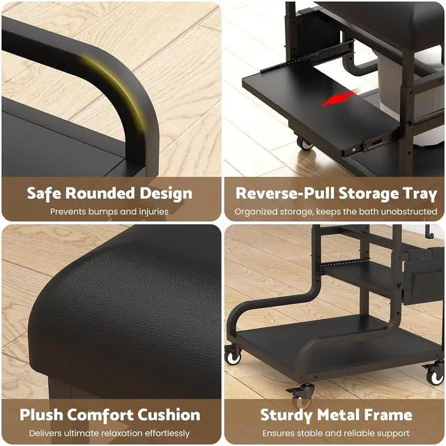 Alt view image 4 of 7 - Adjustable Pedicure Foot Rest with 3-Level Height, PU Cushion, Storage & Locking Wheels, Mobile Pedicure Cart Foot Bath Trolley for Foot Bath, Salon & Spa (Black)