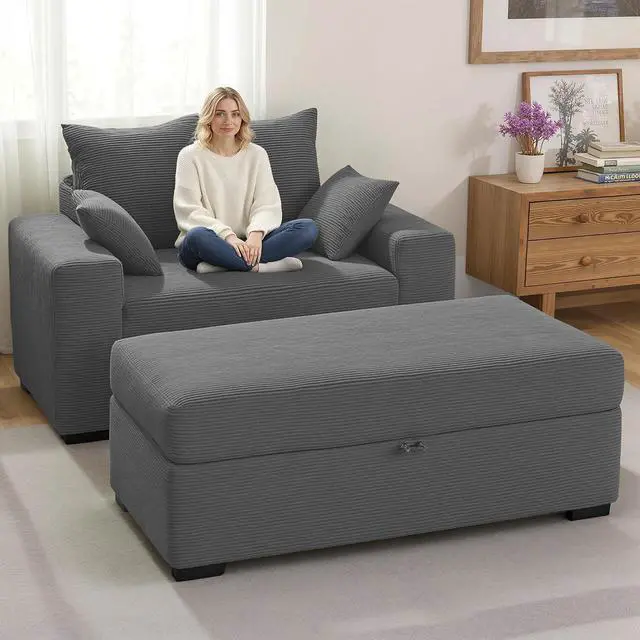 Main image of Indoor Chaise Lounge Chair with Storage Ottoman, Modern 60-Inch Lounge Sofa Chair with Wide Armrests & 4 Pillows, Oversized Comfy Reading Lounger for Living Room, BedroomMedium-Rib Corduroy Grey