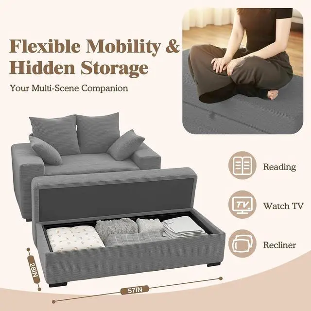 Alt view image 2 of 7 - Indoor Chaise Lounge Chair with Storage Ottoman, Modern 60-Inch Lounge Sofa Chair with Wide Armrests & 4 Pillows, Oversized Comfy Reading Lounger for Living Room, BedroomMedium-Rib Corduroy Grey