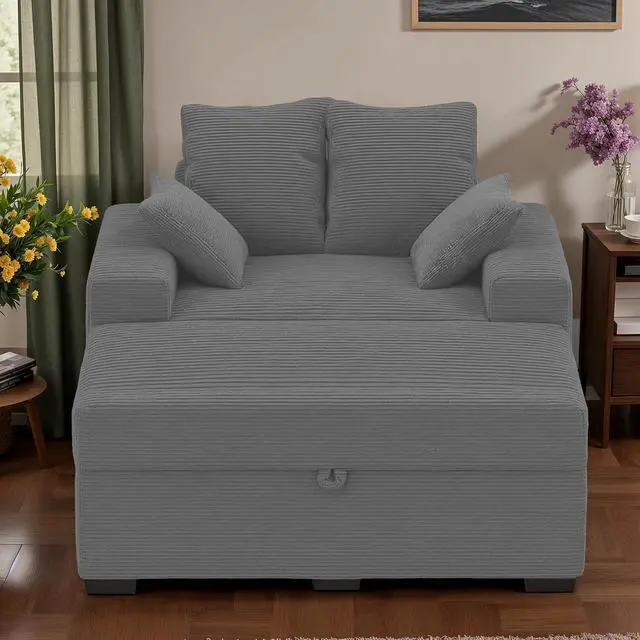 Alt view image 5 of 7 - Indoor Chaise Lounge Chair with Storage Ottoman, Modern 60-Inch Lounge Sofa Chair with Wide Armrests & 4 Pillows, Oversized Comfy Reading Lounger for Living Room, BedroomMedium-Rib Corduroy Grey