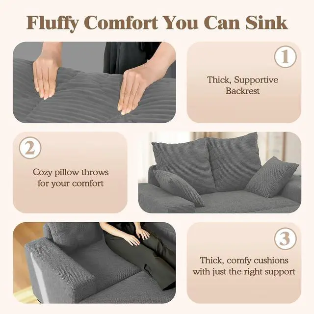 Alt view image 6 of 7 - Indoor Chaise Lounge Chair with Storage Ottoman, Modern 60-Inch Lounge Sofa Chair with Wide Armrests & 4 Pillows, Oversized Comfy Reading Lounger for Living Room, BedroomMedium-Rib Corduroy Grey