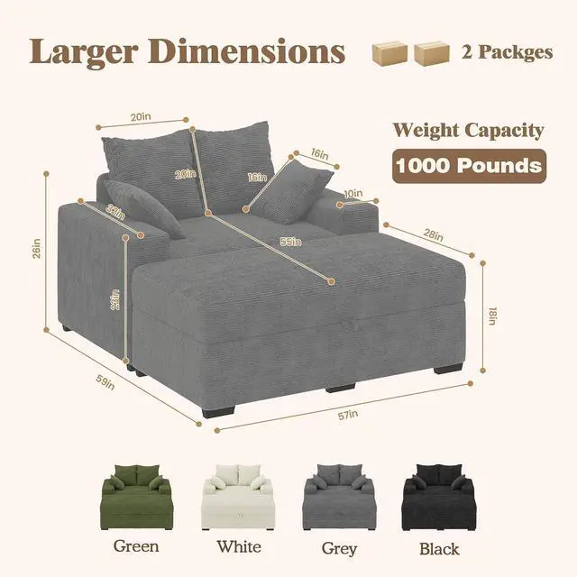 Alt view image 7 of 7 - Indoor Chaise Lounge Chair with Storage Ottoman, Modern 60-Inch Lounge Sofa Chair with Wide Armrests & 4 Pillows, Oversized Comfy Reading Lounger for Living Room, BedroomMedium-Rib Corduroy Grey